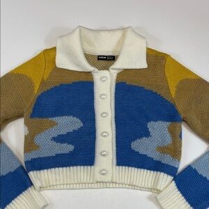 SHEIN Colorblock Knit Cropped Cardigan Sweater Pearl Buttons Womens Sz S